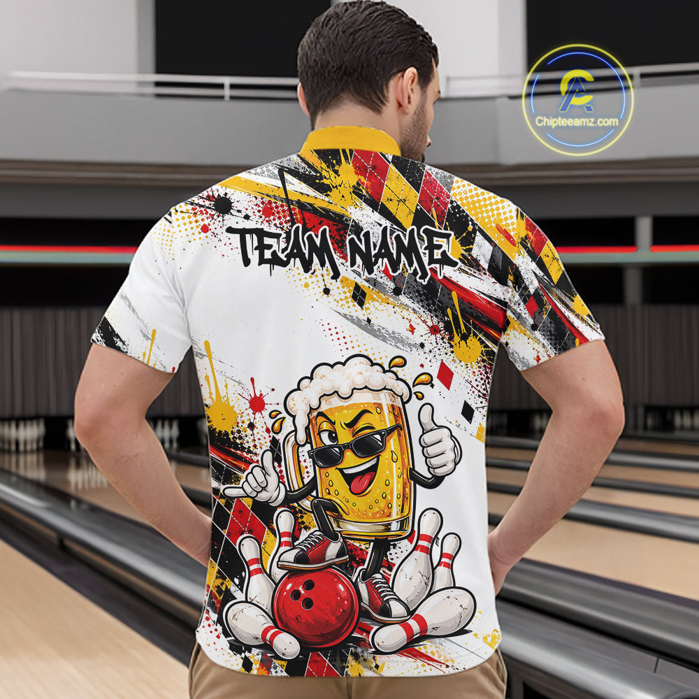 Yellow And Red Splatter Argyle Pattern Funny Beer Custom Bowling Men Quarter Zip Shirt IPHW12160