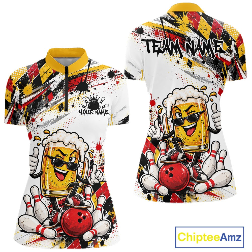 Yellow And Red Splatter Argyle Pattern Funny Beer Custom Bowling Women Quarter-Zip Shirt IPHW12160