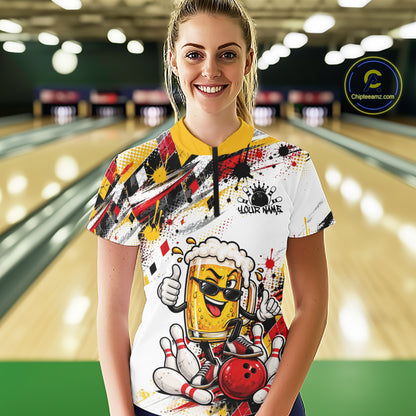 Yellow And Red Splatter Argyle Pattern Funny Beer Custom Bowling Women Quarter-Zip Shirt IPHW12160
