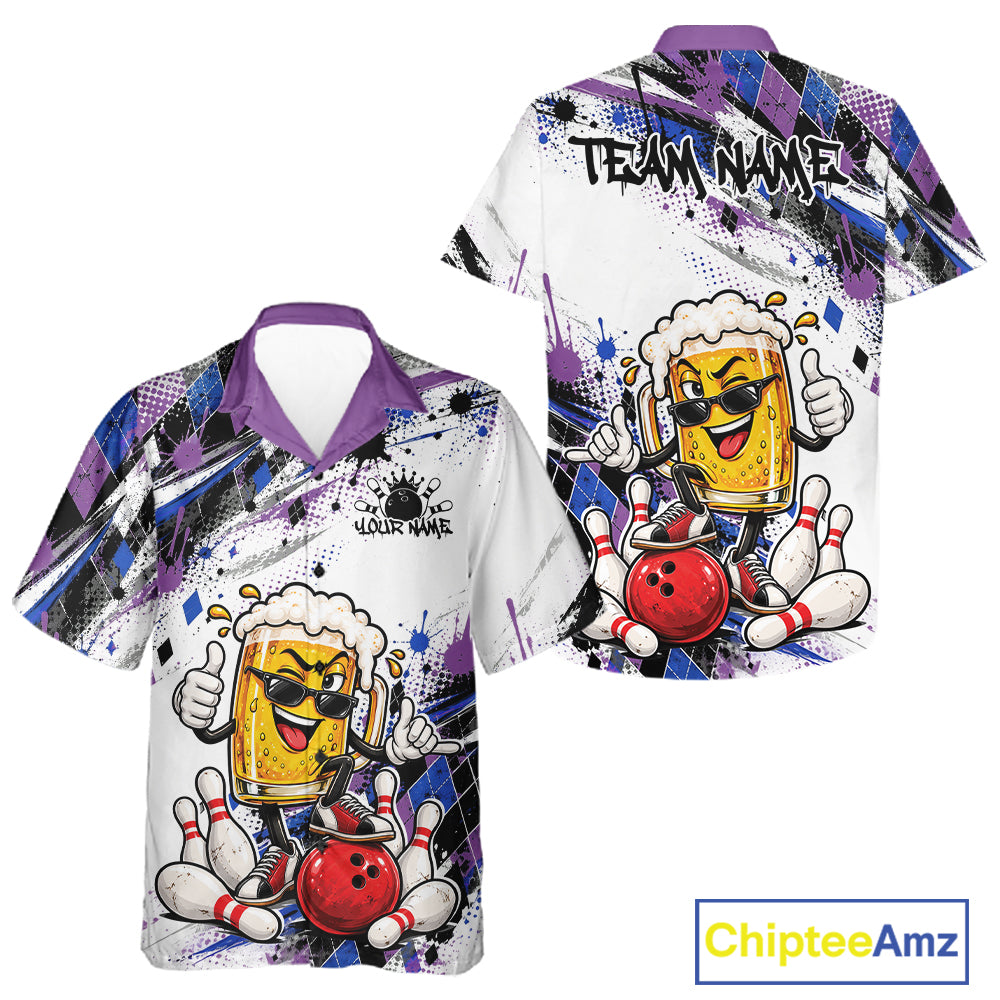 Blue And Purple Splatter Argyle Pattern Funny Beer Custom Bowling Men And Women Button Up Shirt IPHW12161