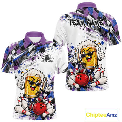Blue And Purple Splatter Argyle Pattern Funny Beer Custom Bowling Men Polo Shirt IPHW12161