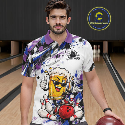 Blue And Purple Splatter Argyle Pattern Funny Beer Custom Bowling Men Polo Shirt IPHW12161