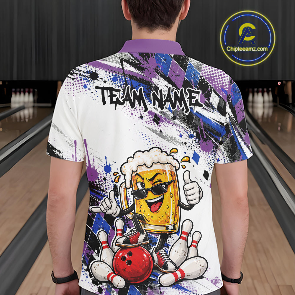 Blue And Purple Splatter Argyle Pattern Funny Beer Custom Bowling Men Polo Shirt IPHW12161