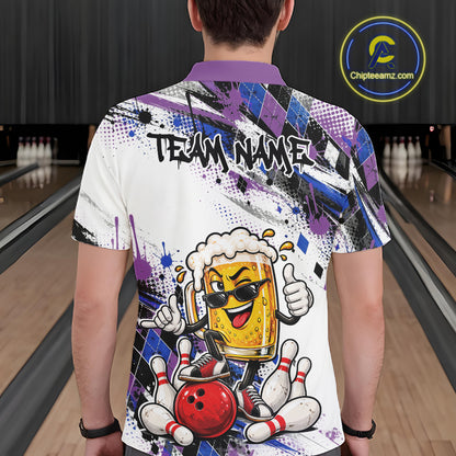 Blue And Purple Splatter Argyle Pattern Funny Beer Custom Bowling Men Polo Shirt IPHW12161