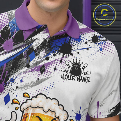 Blue And Purple Splatter Argyle Pattern Funny Beer Custom Bowling Men Polo Shirt IPHW12161