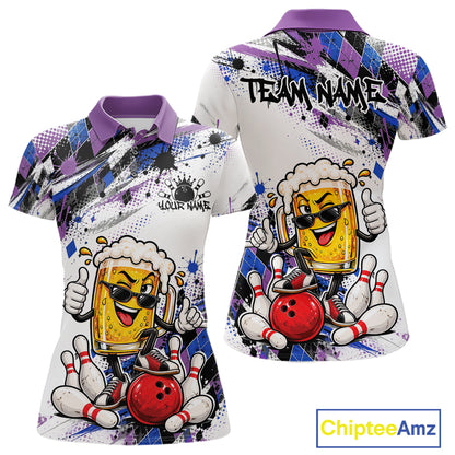 Blue And Purple Splatter Argyle Pattern Funny Beer Custom Bowling Women Polo Shirt IPHW12161