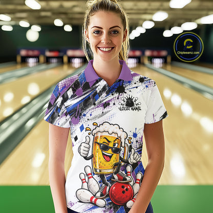 Blue And Purple Splatter Argyle Pattern Funny Beer Custom Bowling Women Polo Shirt IPHW12161