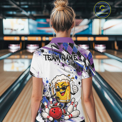 Blue And Purple Splatter Argyle Pattern Funny Beer Custom Bowling Women Polo Shirt IPHW12161