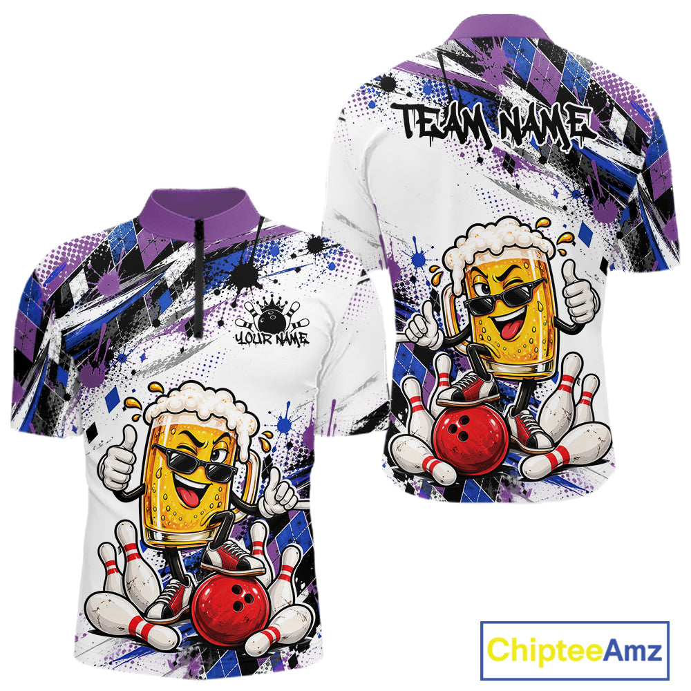 Blue And Purple Splatter Argyle Pattern Funny Beer Custom Bowling Men Quarter Zip Shirt IPHW12161
