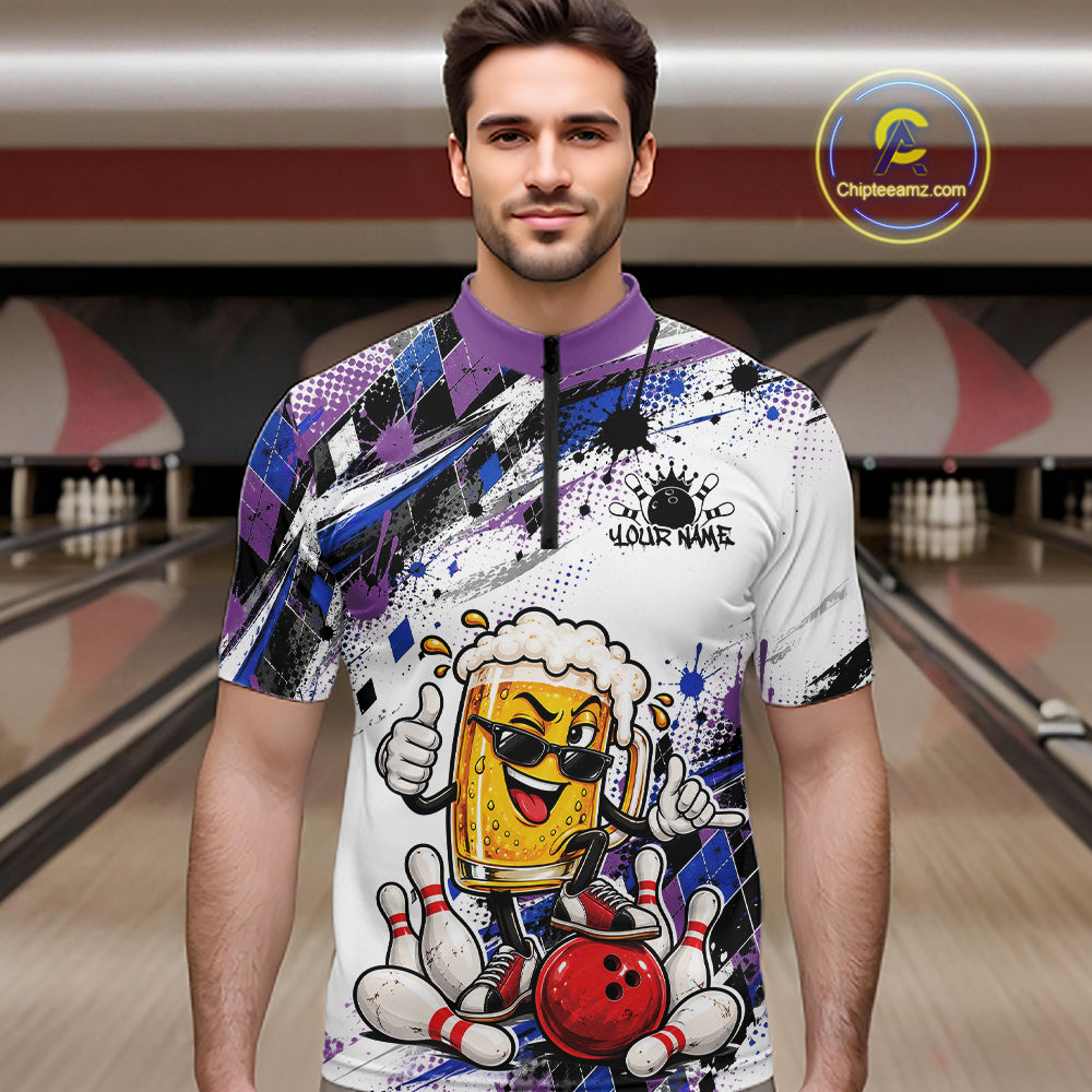 Blue And Purple Splatter Argyle Pattern Funny Beer Custom Bowling Men Quarter Zip Shirt IPHW12161