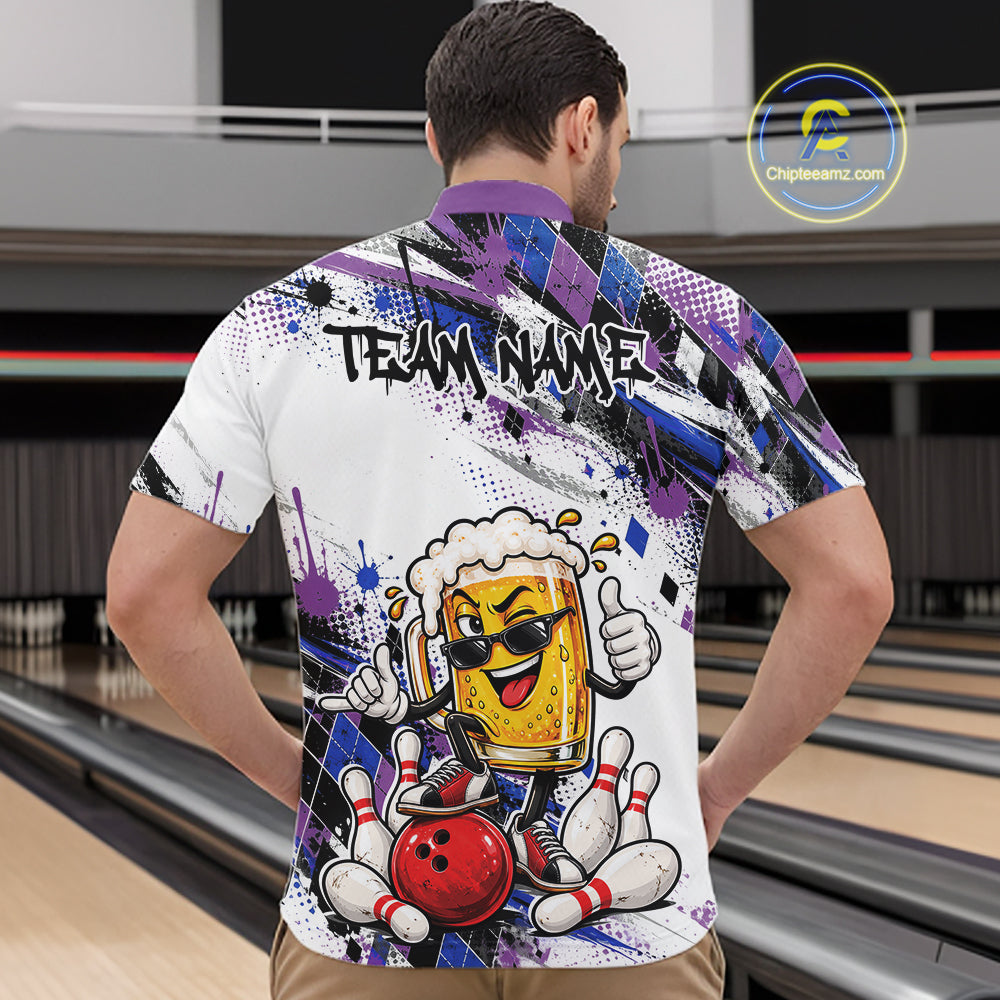 Blue And Purple Splatter Argyle Pattern Funny Beer Custom Bowling Men Quarter Zip Shirt IPHW12161