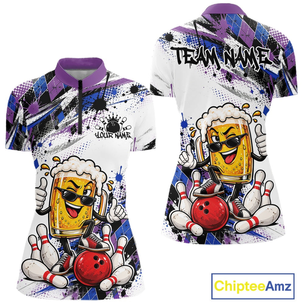 Blue And Purple Splatter Argyle Funny Beer Custom Bowling Women Quarter-Zip Shirt IPHW12161