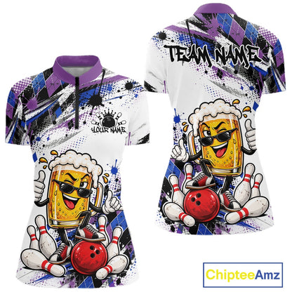 Blue And Purple Splatter Argyle Funny Beer Custom Bowling Women Quarter-Zip Shirt IPHW12161