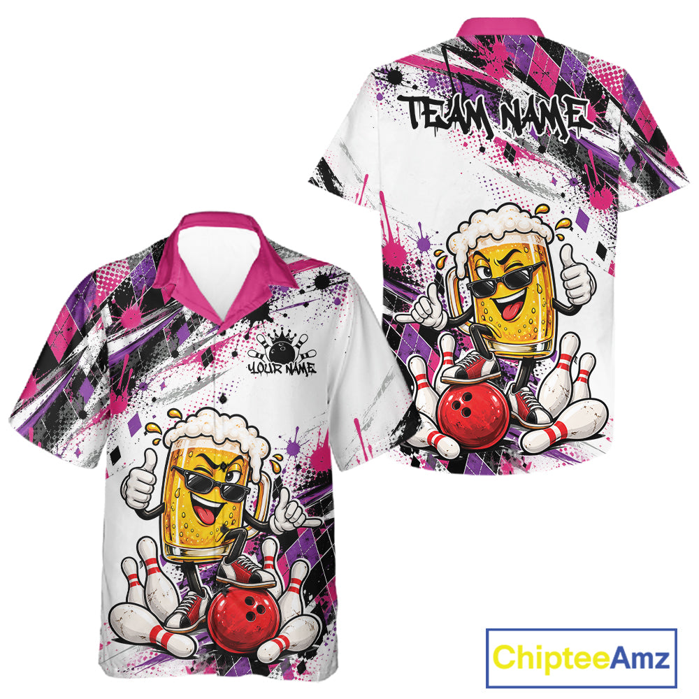 Pink And Purple Splatter Argyle Pattern Funny Beer Custom Bowling Men And Women Button Up Shirt IPHW12162