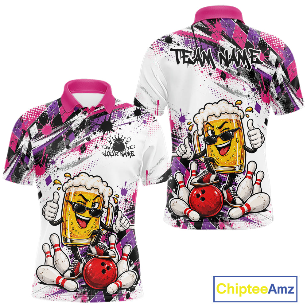Pink And Purple Splatter Argyle Pattern Funny Beer Custom Bowling Men Polo Shirt IPHW12162