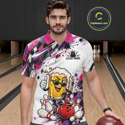 Pink And Purple Splatter Argyle Pattern Funny Beer Custom Bowling Men Polo Shirt IPHW12162