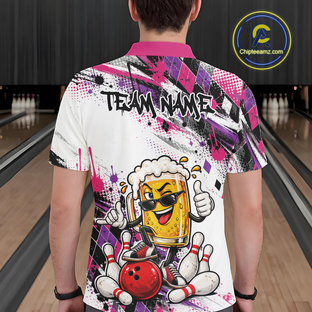 Pink And Purple Splatter Argyle Pattern Funny Beer Custom Bowling Men Polo Shirt IPHW12162
