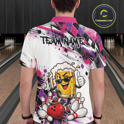 Pink And Purple Splatter Argyle Pattern Funny Beer Custom Bowling Men Polo Shirt IPHW12162