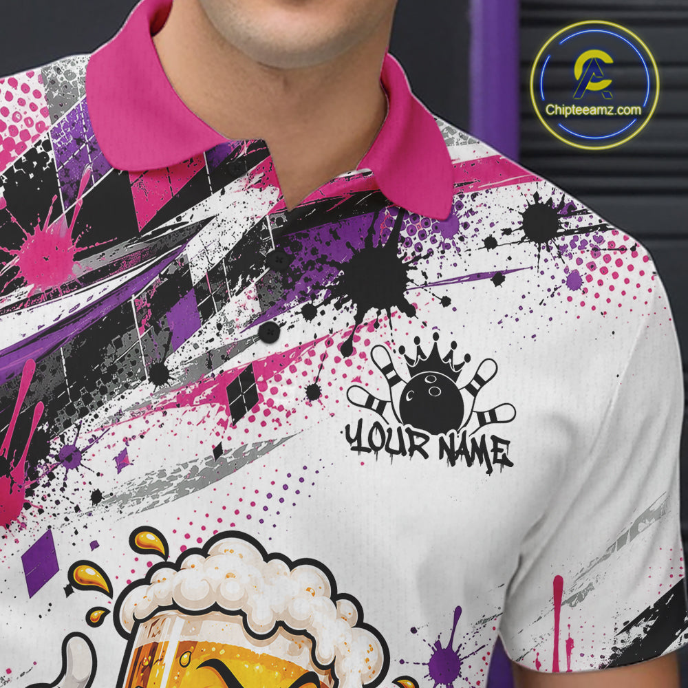 Pink And Purple Splatter Argyle Pattern Funny Beer Custom Bowling Men Polo Shirt IPHW12162