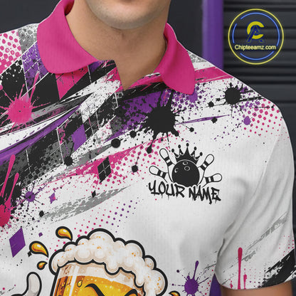 Pink And Purple Splatter Argyle Pattern Funny Beer Custom Bowling Men Polo Shirt IPHW12162