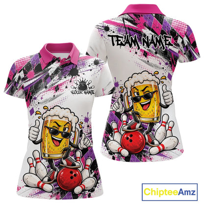 Pink And Purple Splatter Argyle Pattern Funny Beer Custom Bowling Women Polo Shirt IPHW12162