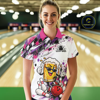 Pink And Purple Splatter Argyle Pattern Funny Beer Custom Bowling Women Polo Shirt IPHW12162