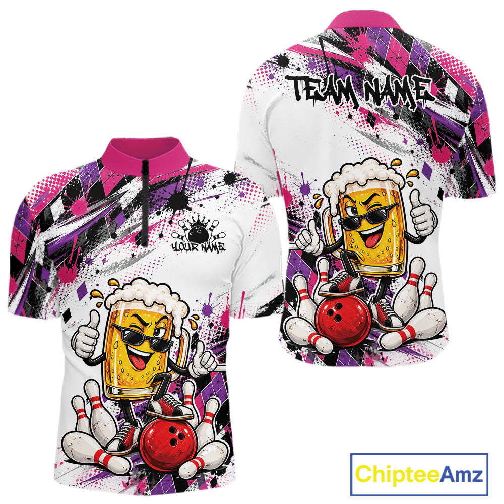 Pink And Purple Splatter Argyle Pattern Funny Beer Custom Bowling Men Quarter Zip Shirt IPHW12162