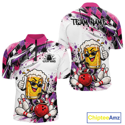 Pink And Purple Splatter Argyle Pattern Funny Beer Custom Bowling Men Quarter Zip Shirt IPHW12162