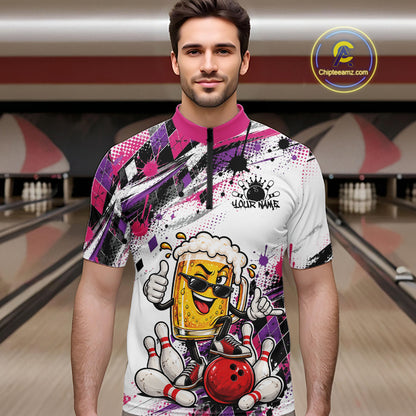 Pink And Purple Splatter Argyle Pattern Funny Beer Custom Bowling Men Quarter Zip Shirt IPHW12162