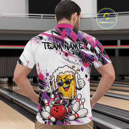 Pink And Purple Splatter Argyle Pattern Funny Beer Custom Bowling Men Quarter Zip Shirt IPHW12162