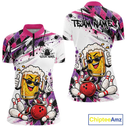 Pink And Purple Splatter Argyle Funny Beer Custom Bowling Women Quarter-Zip Shirt IPHW12162