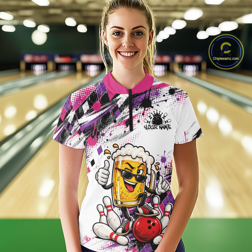 Pink And Purple Splatter Argyle Funny Beer Custom Bowling Women Quarter-Zip Shirt IPHW12162
