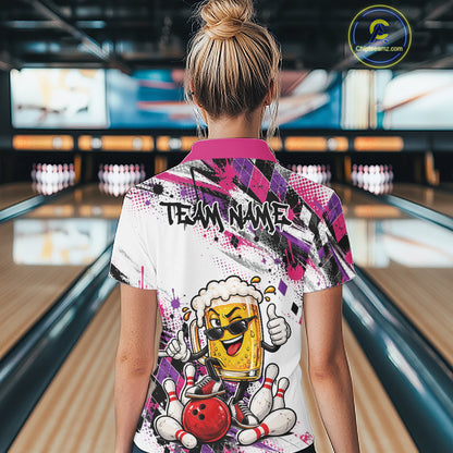 Pink And Purple Splatter Argyle Funny Beer Custom Bowling Women Quarter-Zip Shirt IPHW12162