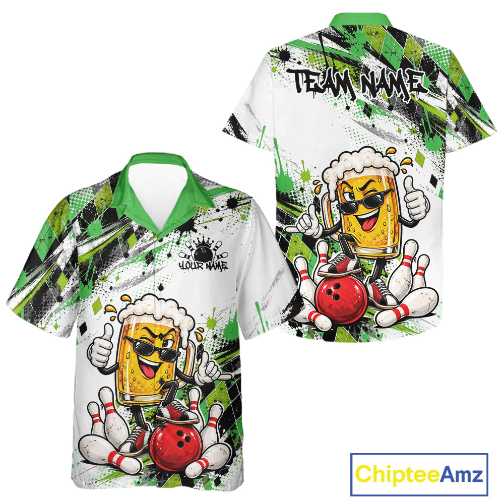 Green Splatter Argyle Pattern Funny Beer Custom Bowling Men And Women Button Up Shirt IPHW12163