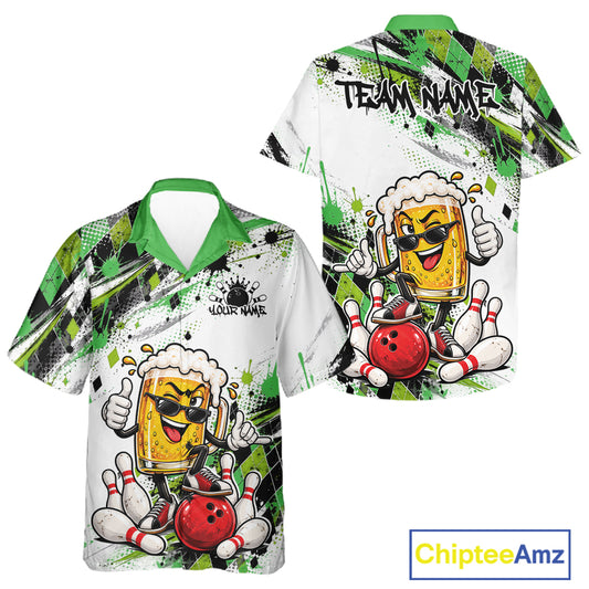 Green Splatter Argyle Pattern Funny Beer Custom Bowling Men And Women Button Up Shirt IPHW12163