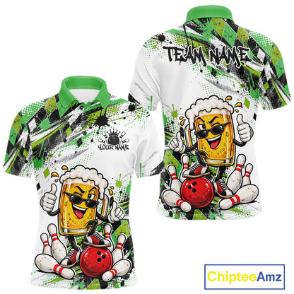 Green Splatter Argyle Pattern Funny Beer Custom Bowling Men Polo Shirt IPHW12163