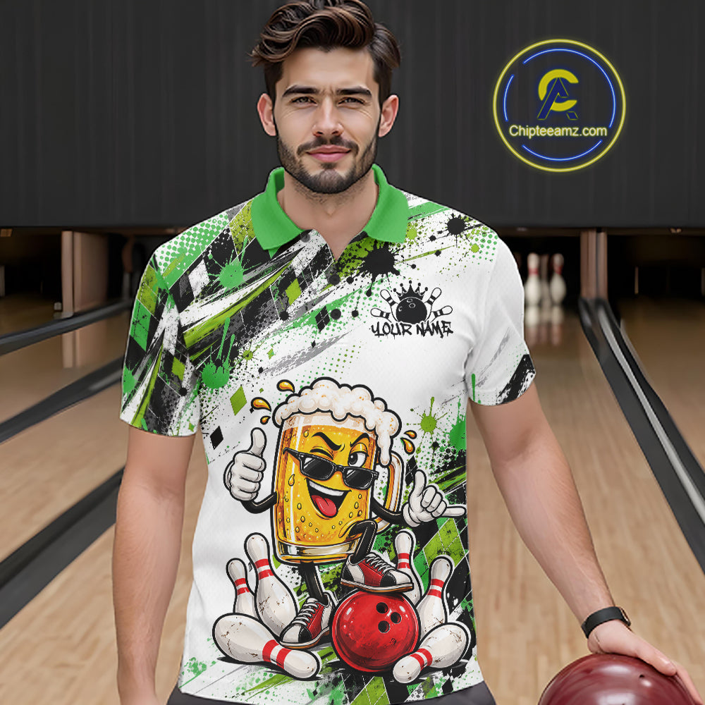 Green Splatter Argyle Pattern Funny Beer Custom Bowling Men Polo Shirt IPHW12163