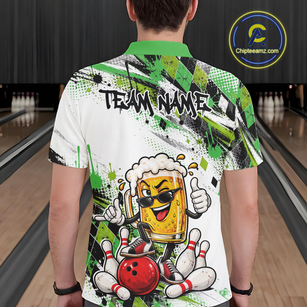 Green Splatter Argyle Pattern Funny Beer Custom Bowling Men Polo Shirt IPHW12163