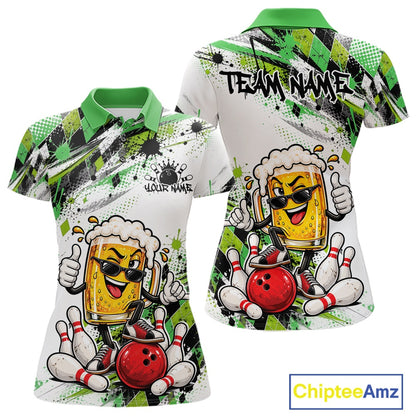 Green Splatter Argyle Pattern Funny Beer Custom Bowling Women Polo Shirt IPHW12163