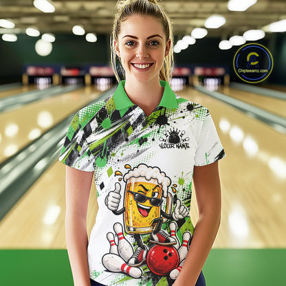 Green Splatter Argyle Pattern Funny Beer Custom Bowling Women Polo Shirt IPHW12163