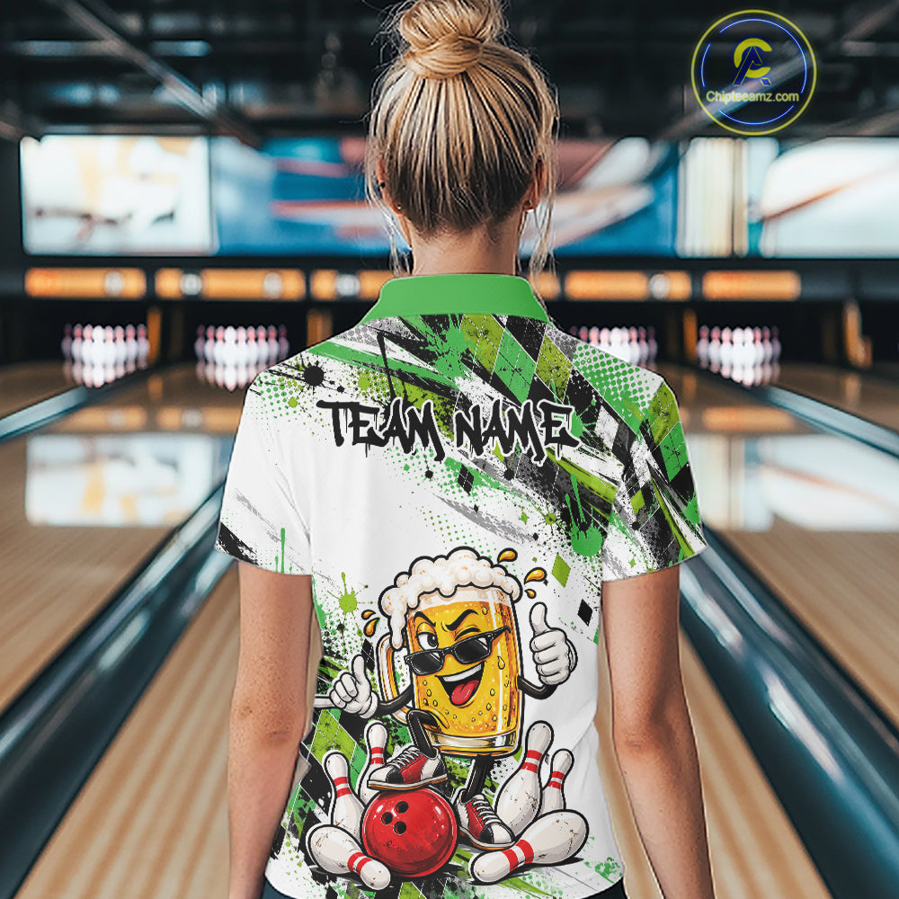 Green Splatter Argyle Pattern Funny Beer Custom Bowling Women Polo Shirt IPHW12163