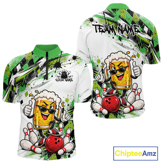 Green Splatter Argyle Pattern Funny Beer Custom Bowling Men Quarter Zip Shirt IPHW12163