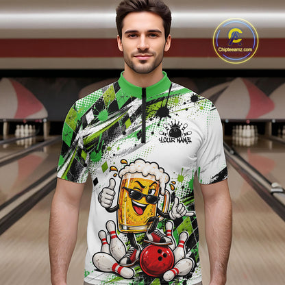 Green Splatter Argyle Pattern Funny Beer Custom Bowling Men Quarter Zip Shirt IPHW12163