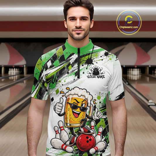 Green Splatter Argyle Pattern Funny Beer Custom Bowling Men Quarter Zip Shirt IPHW12163