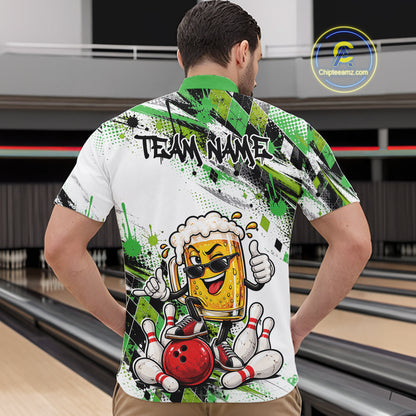 Green Splatter Argyle Pattern Funny Beer Custom Bowling Men Quarter Zip Shirt IPHW12163