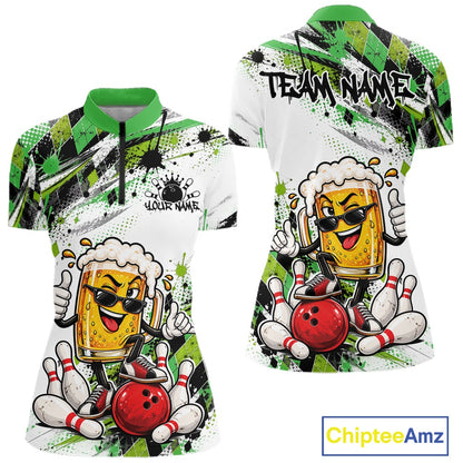 Green Splatter Argyle Pattern Funny Beer Custom Bowling Women Quarter-Zip Shirt IPHW12163