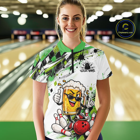 Green Splatter Argyle Pattern Funny Beer Custom Bowling Women Quarter-Zip Shirt IPHW12163