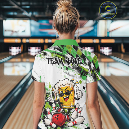 Green Splatter Argyle Pattern Funny Beer Custom Bowling Women Quarter-Zip Shirt IPHW12163