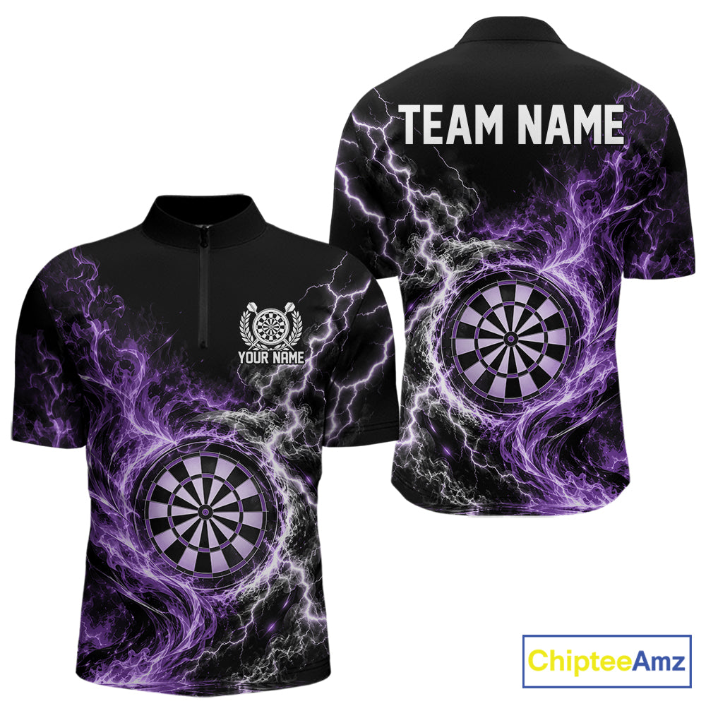 Purple Flame And Lightning Dart Men Quarter Zip Dart Team Jersey With Custom Name IPHW12550