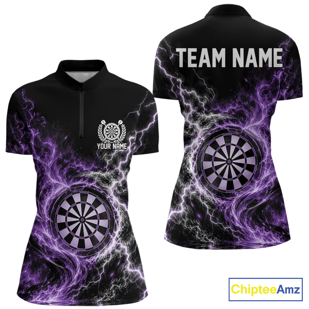 Purple Flame And Lightning Dart Women Quarter-Zip Dart Team Jersey With Custom Name IPHW12550